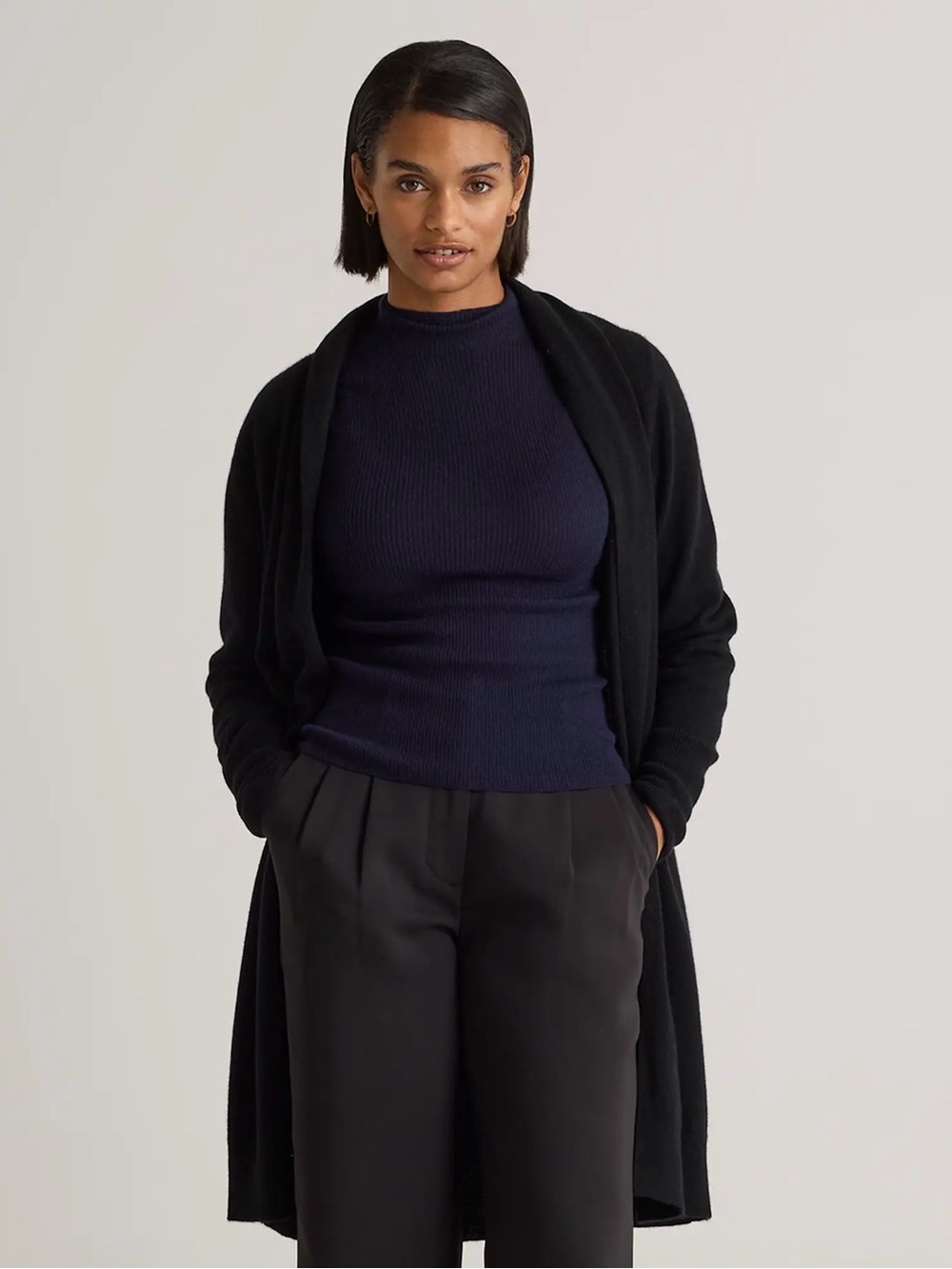 Quince Mongolian cashmere black xs duster cardigan Jenni kayne style maternity